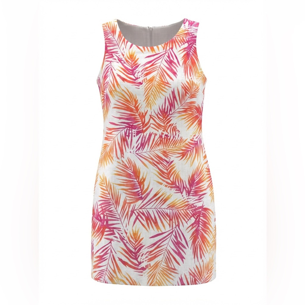 J.Jill Pink  Tropical Palm Leaf 100% Linen Sleeveless Shift Dress Size 10